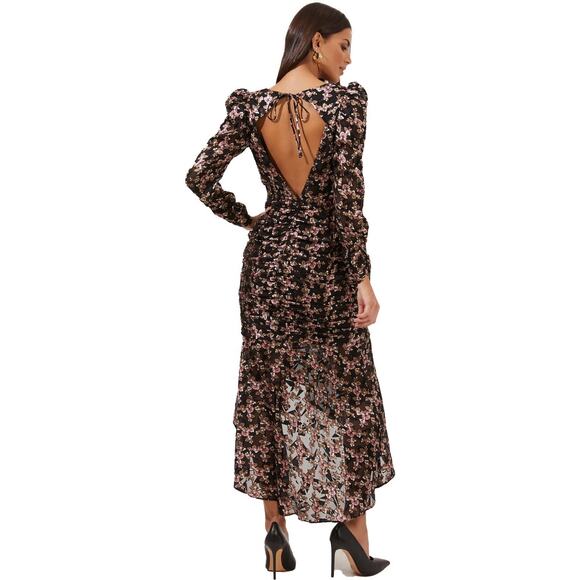 ASTR The Label Dark Floral Puff Sleeves Burntout Velvet Ruched Midi Dress Sz L - Picture 10 of 16